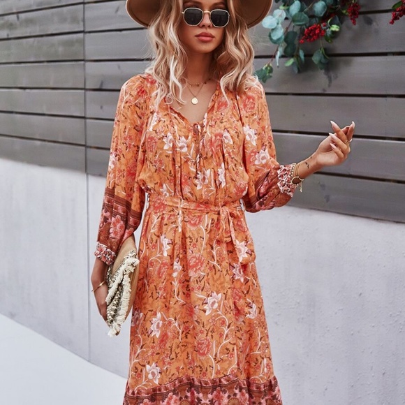 boho floral print belted 3/4 sleeve dress Yellow - Picture 6 of 9